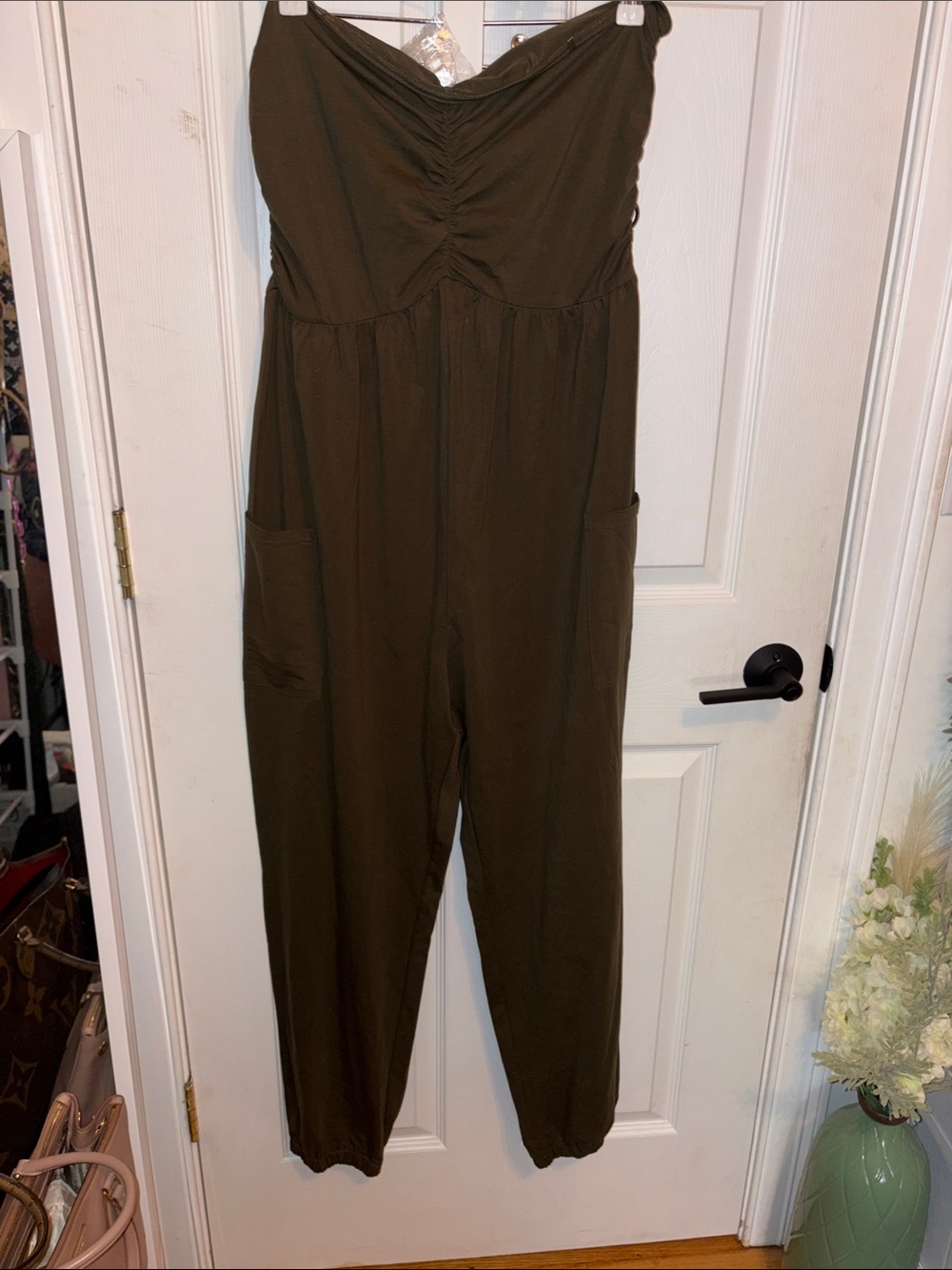 Army green strapless jumpsuit with pockets